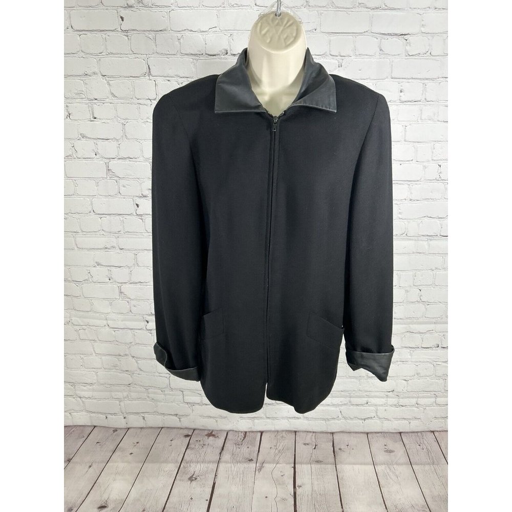 LIMITED Black Wool Shell Genuine Leather Trim Full Zip Collared Womens Jacket 10